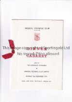 ARSENAL Menu for the Honorary Stewards Dinner and Cabaret 2/12/1974, very slight vertical crease.