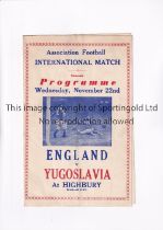 ENGLAND V YUGOSLAVIA 1950 AT ARSENAL F.C. Pirate programme issued by Buick for the match at Highbury