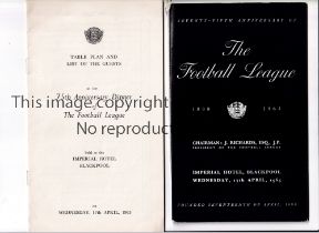 FOOTBALL LEAGUE 75TH ANNIVERSARY 1963 Menu plus a Table Plan and List of Guests for Anniversary