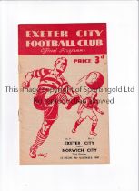 EXETER CITY V NORWICH CITY 1947 Programme for the League match at Exeter 8/11/1947, slightly creased