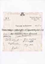 ENGLAND AUTOGRAPHS 1935 Letter headed paper from Theobalds Park Hotel in Waltham Cross for the match