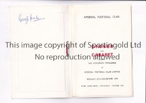 ARSENAL / AUTOGRAPH Menu for the Honorary Stewards Dinner and Cabaret 27/11/1972 signed inside by