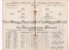 ARSENAL Programme for the league match at home v Middlesbrough 22/11/1930, slightly creased.