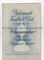 PORTSMOUTH Menu and list of guests for the Celebration Dinner and Dance for Winning the League