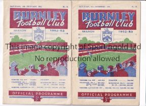 ARSENAL Two away programmes v Burnley in their 1952/3 Championship season, 13/12/52 League and 14/