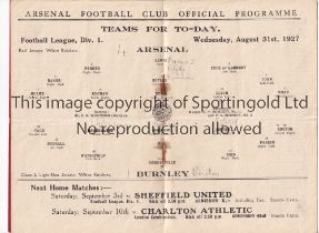 ARSENAL Programme for the league match at home v Burnley 31/8/1927, slight horizontal crease and