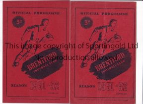 BRENTFORD V WEST HAM UNITED 1952 Two programmes for League matches at Brentford in season 1951/2,