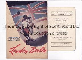 BERLIN V LONDON 1953 Programme and London F.A. Itinerary for the Inter-City match in Berlin 18/11/