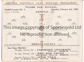 ARSENAL Programme for the league match at home v Derby County 4/2/1928, slight horizontal crease and