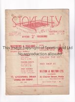 STOKE CITY V BIRMINGHAM 1939 Programme for the league match at Stoke 14/1/1939, small hole top