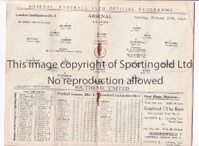 ARSENAL Programme for the London Combination match at home v Southend United 28/2/1931, slightly