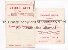 STOKE CITY Two programmes for the home Friendlies v Stuttgart Kickers 11/3/1958, single card, slight