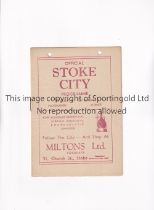 STOKE CITY V BLACKPOOL 1946 Programme for the league match at Stoke 7/12/1946, punched holes at