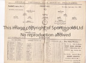 ARSENAL Programme for the league match at home v Everton 24/9/1932, vertical crease. Generally good