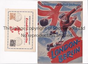 BERLIN V LONDON 1951 Programme and First Day Cover postcard for the Inter-City match in Berlin 21/