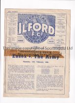 ESSEX V THE ARMY 1956 AT ILFORD F.C Programme for the match at Ilford 16/2/1956, horizontal fold and