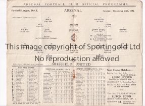 ARSENAL Programme for the league match at home v Sheffield United 24/12/1932, folded in four and