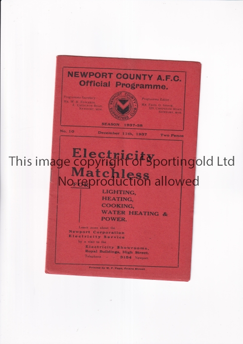 NEWPORT COUNTY V BOURNEMOUTH / FA CUP 1937 Programme for the Cup tie at Newport 11/12/1937, very - Image 4 of 4