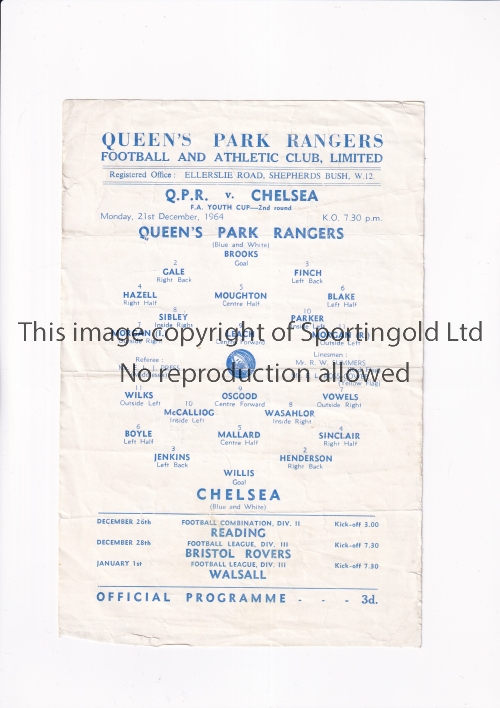 CHELSEA Single sheet programme for the away FA Youth Cup 2nd round tie v Queen's Park Rangers 21/