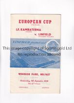 LINFIELD V I.F. KAMRATERNA 1959 Programme with red print on the cover for the European Cup tie at