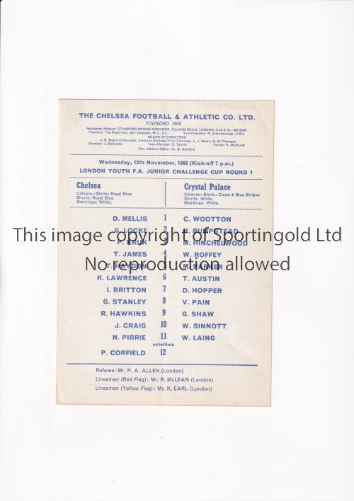 CHELSEA Single card programme for the home London FA Junior Cup tie v Crystal Palace 12/11/1969. - Image 3 of 4