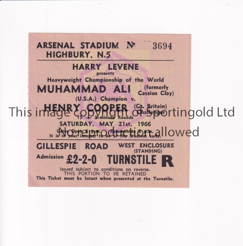 MUHAMMAD ALI V HENRY COOPER AT ARSENAL F.C. 1966 Ticket for the Heavyweight Championship fight at