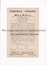 CHARLTON ATHLETIC V MILLWALL 1944 Single sheet programme for the FL South 30/12/1944, slightly