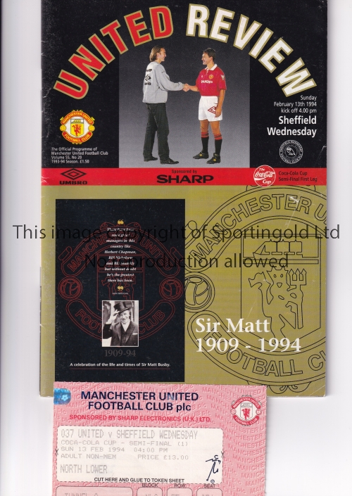 1994 LEAGUE CUP SEMI-FINAL / MANCHESTER UNITED V SHEFFIELD WEDNESDAY / MATT BUSBY TRIBUTE - Image 2 of 4