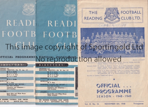 READING Three programmes for home Football Combination matches Swindon 6/11/1948, scores entered,