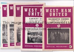 WEST HAM UNITED Eight home programmes v Wolves 25.8.58, Cardiff City 20/4/62, WBA Football League