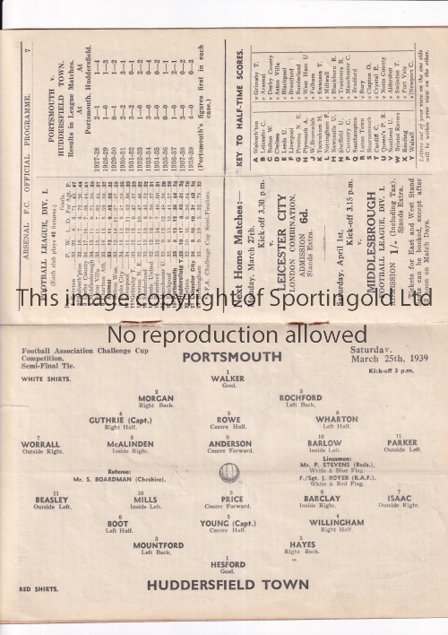 FA CUP SEMI-FINAL AT ARSENAL 1939 Programme for the FA Cup Semi-Final tie Portsmouth v - Image 4 of 4