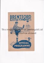 BRENTFORD V BURY 1948 Programme for the League match at Brentford on 17/4/1948, very slight