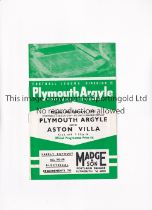 PLYMOUTH ARGYLE V ASTON VILLA 1961 / LEAGUE CUP Programme for the tie at Plymouth 6/2/1961. Villa