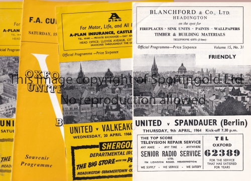 OXFORD UNITED Four home programmes: 2 X Friendlies v Spandauer (Berlin) 9/4/1964 and Valkaekosken