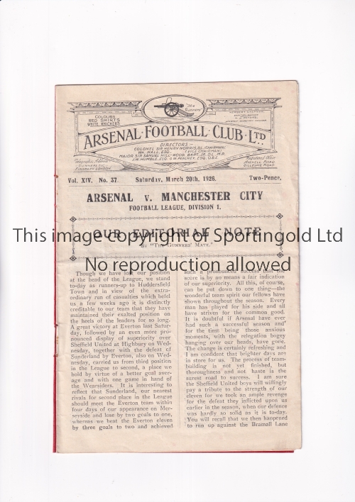 ARSENAL Programme for the home League match v Manchester City 20/3/1926, slightly creased and scores