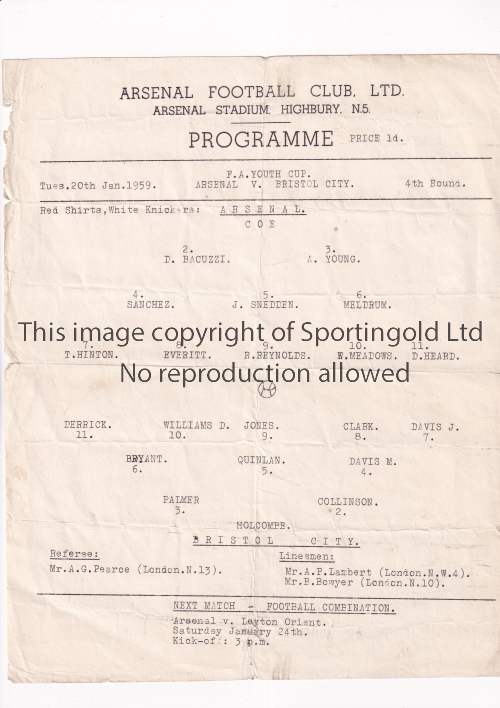 ARSENAL Single sheet programme for the home FA Youth Cup tie v Bristol City 20/1/1959, folded in - Image 3 of 4