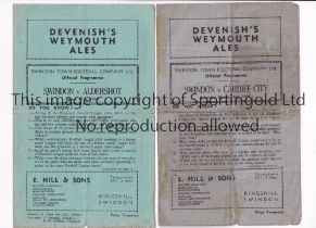 SWINDON TOWN Two home programmes for the League matches v Cardiff City 23/3/1946, folded in four,