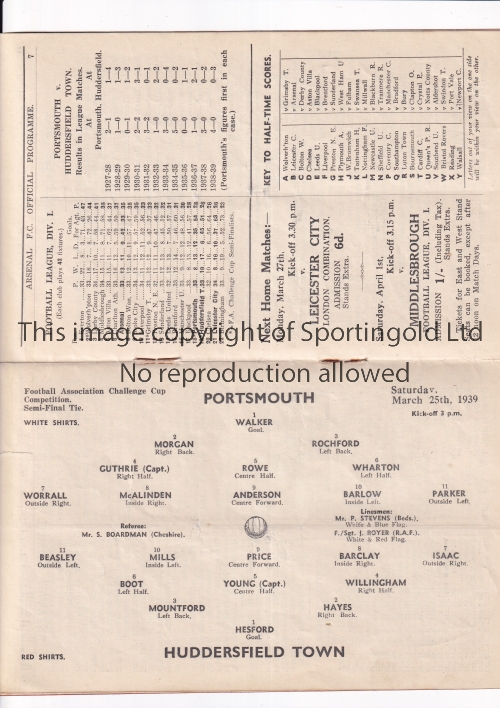 FA CUP SEMI-FINAL AT ARSENAL 1939 Programme for the FA Cup Semi-Final tie Portsmouth v