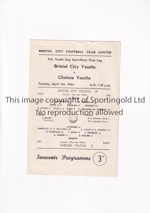 1960 FA YOUTH CUP SEMI FINAL / BRISTOL CITY V CHELSEA Programme for the First Leg at Bristol City