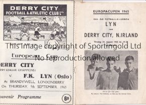 LYN V DERRY CITY 1965 Programmes for both Legs of the European Cup tie, 31/8/1965 at Lyn, very