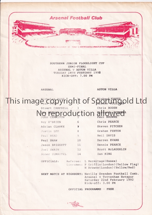 ARSENAL Single sheet programme for the home Southern Junior Floodlight Cup Semi-Final v Aston - Image 4 of 4