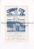 CARDIFF CITY V BLACKPOOL 1952 Programme for the Friendly match at Cardiff 29/3/1952, vertical