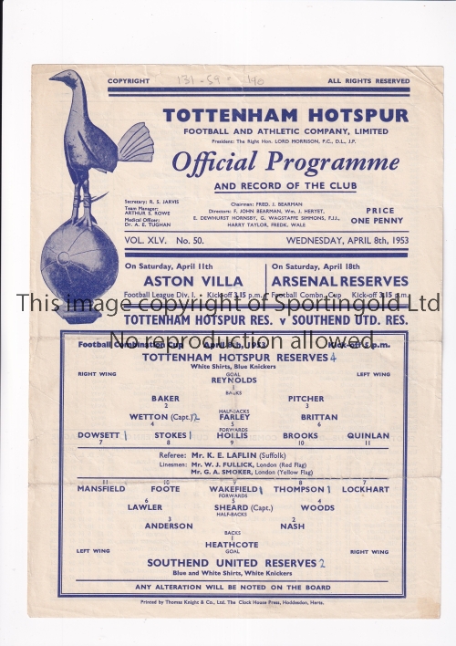 TOTTENHAM HOTSPUR Single sheet programme for the home Football Combination Cup tie v Southend United - Image 4 of 4