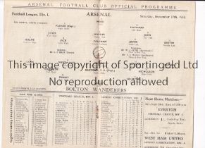 ARSENAL Programme for the home League match v Bolton Wanderers 17/9/1932, re-stapled, slightly