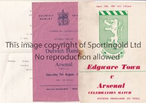 ARSENAL Four programmes for the away Friendly matches v Edgware Town 29/8/1963, staple rusted