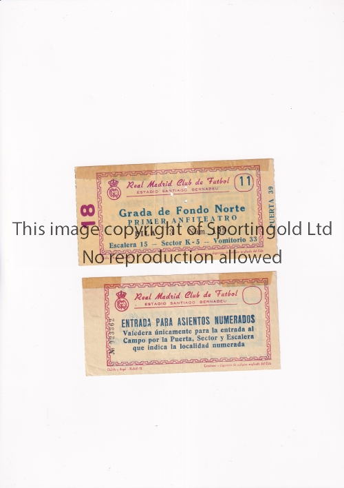 MANCHESTER UNITED Tickets for the away European Cup Semi Final tie v Real Madrid 15/5/1968, there