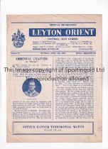 LEYTON ORIENT BLUES V REDS 1953 Programme for the Arthur Banner Testimonial match at Leyton 13/4/