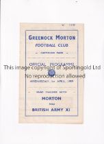 GREENOCK MORTON V BRITISH ARMY XI 1959 Programme for the match at Cappielow Park 1/4/1959, tiny hole