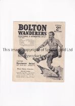 MANCHESTER UNITED Programme for the away League match v Bolton Wanderers 26/8/1950, vertical crease,