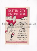 EXETER CITY V ARMY F.A. XI 1954 Programme for the Friendly at Exeter 10/2/1954, slightly creased.